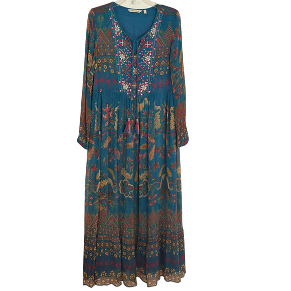 Soft Surroundings Mirapani Embroidered Maxi Dress Size Medium Tassels Flowy Boho - Picture 1 of 15